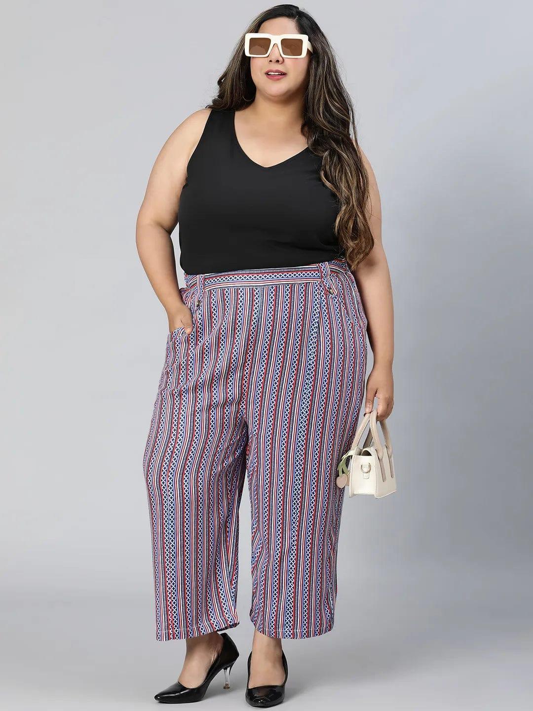 Trendy Multicolor Stripe Print Elasticated Plus Size Pant - oxolloxo