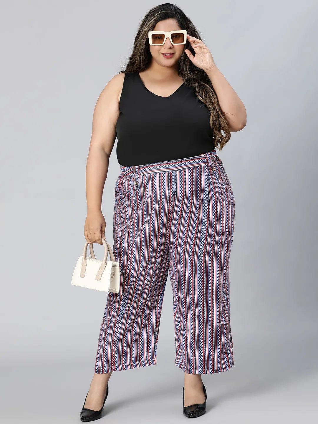 Trendy Multicolor Stripe Print Elasticated Plus Size Pant - oxolloxo