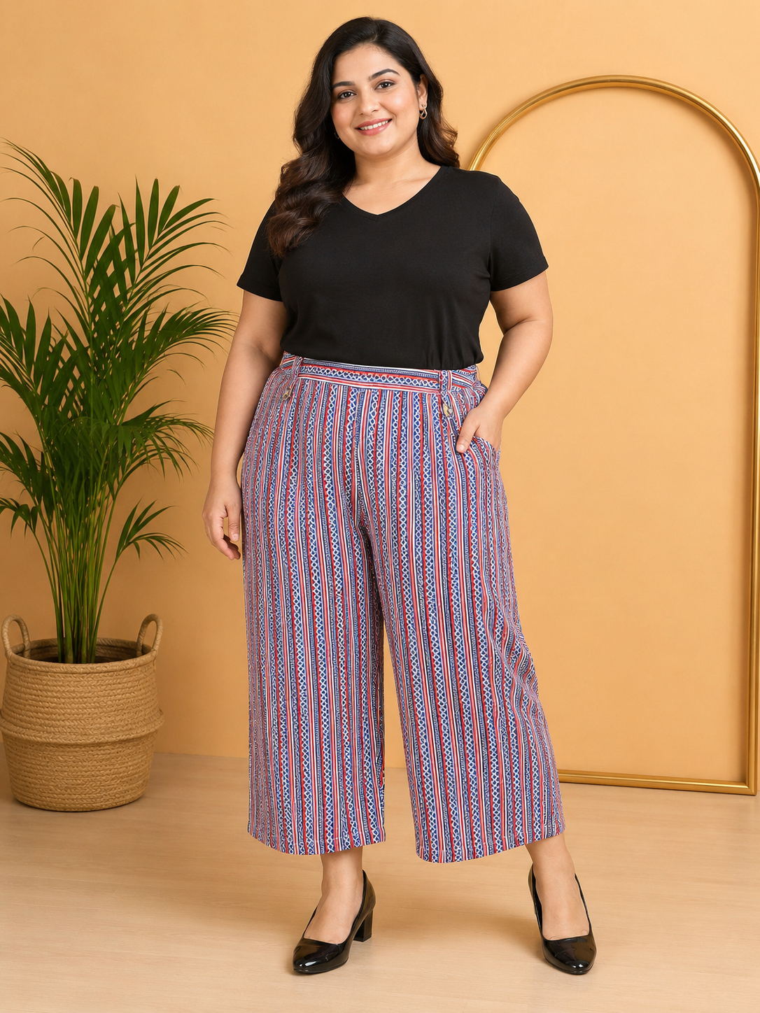 Plus Size Multicolor Stripe Print Rayon Pant