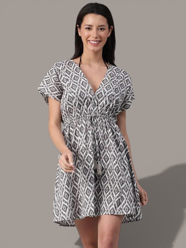 Blue Floral Print Cotton Beachwear Kaftan