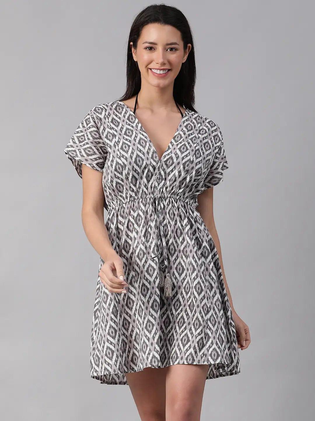 Gazzy Blue Floral Print Elasticated V-Neck Cotton Women Beachwear Kaftan - oxolloxo