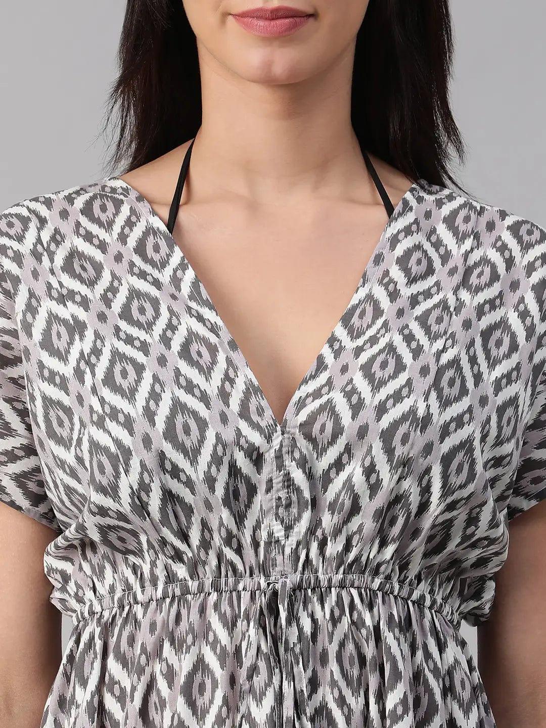 Gazzy Blue Floral Print Elasticated V-Neck Cotton Women Beachwear Kaftan - oxolloxo