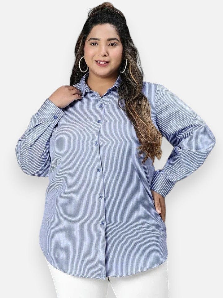 Plus Size Blue Stripe Print Cotton Shirt