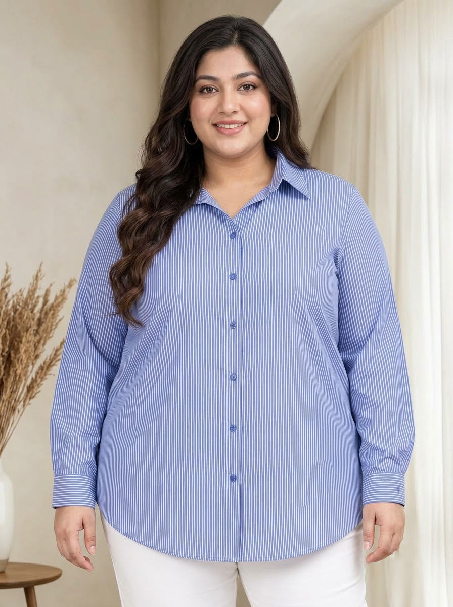 Plus Size Blue Stripe Print Cotton Shirt