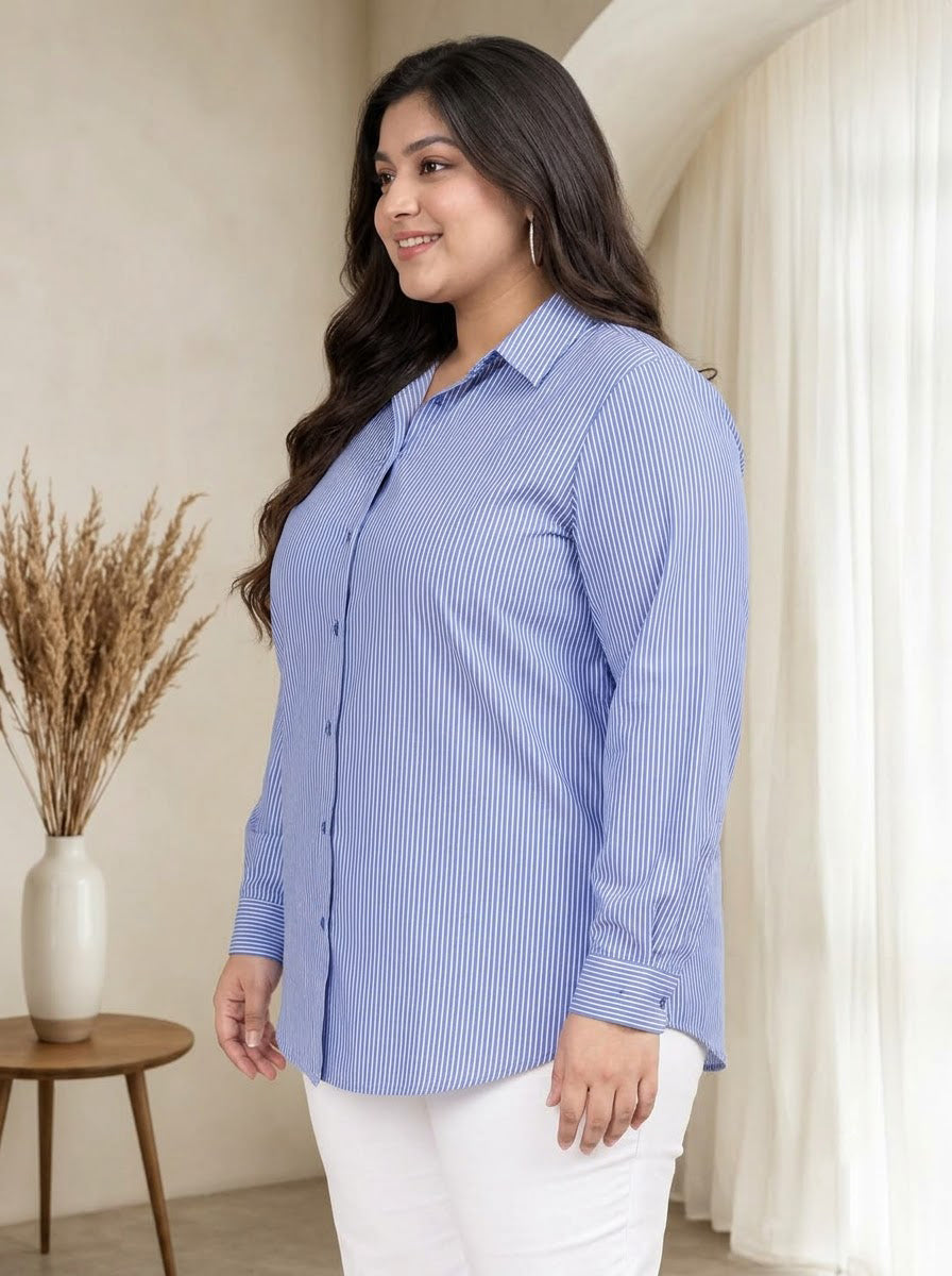 Plus Size Blue Stripe Print Cotton Shirt