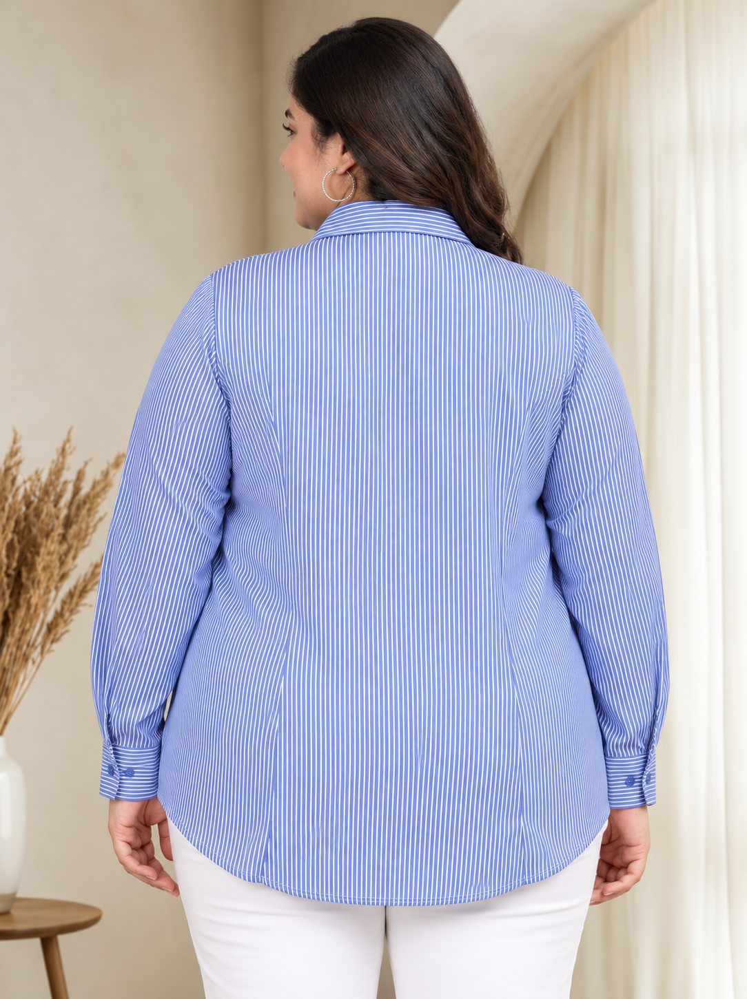 Plus Size Blue Stripe Print Cotton Shirt
