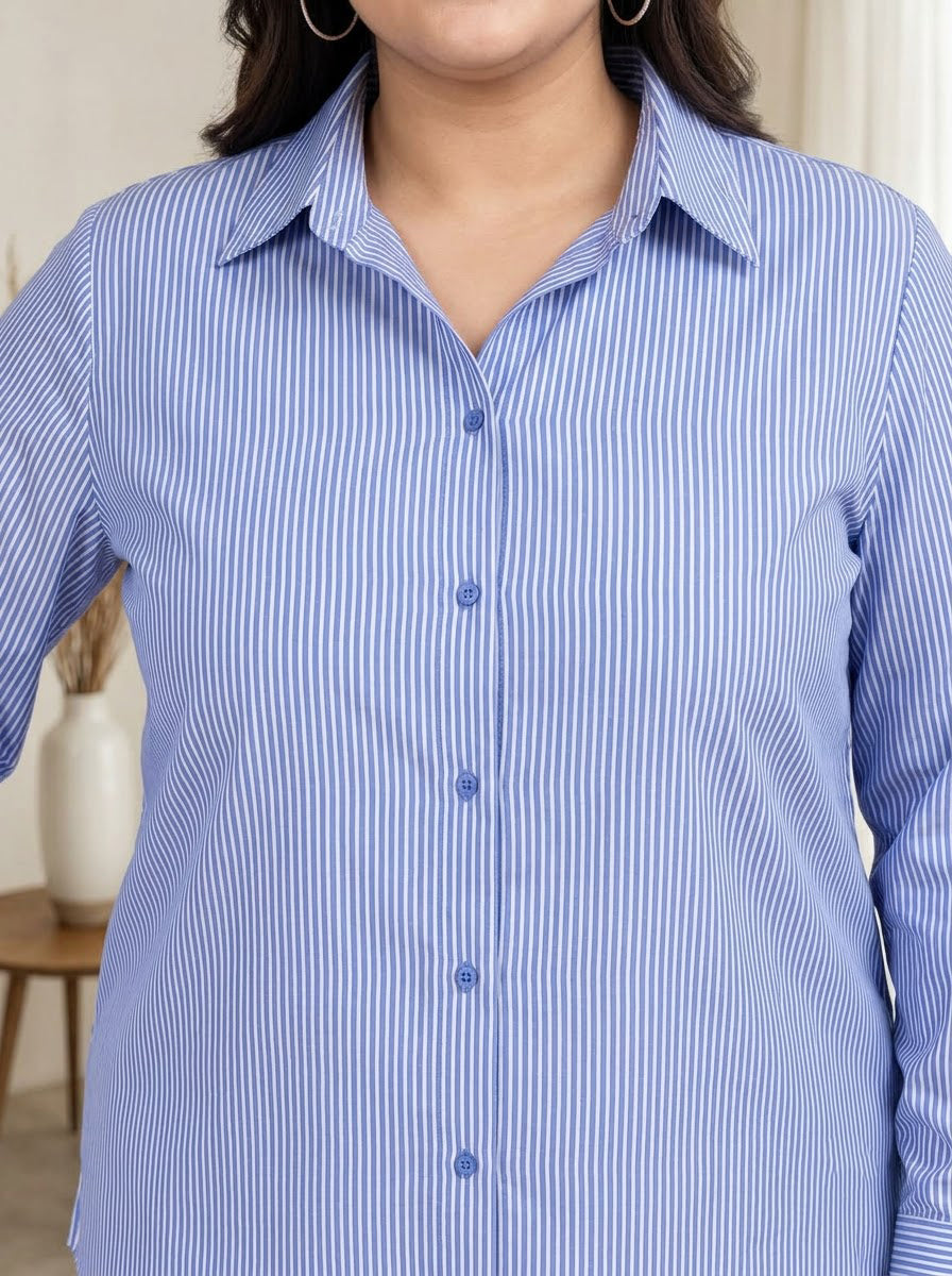 Plus Size Blue Stripe Print Cotton Shirt