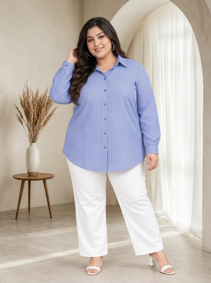 Plus Size Blue Stripe Print Cotton Shirt