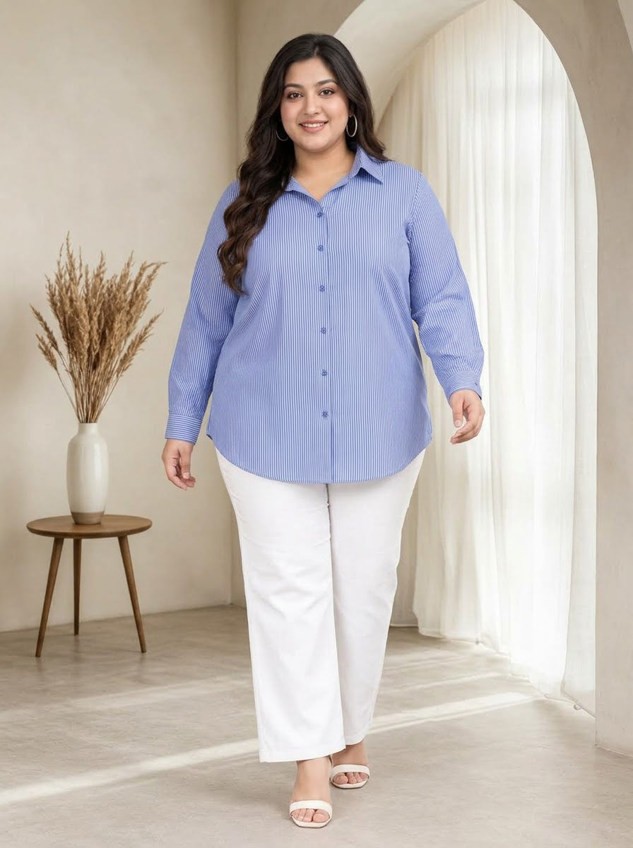 Plus Size Blue Stripe Print Cotton Shirt
