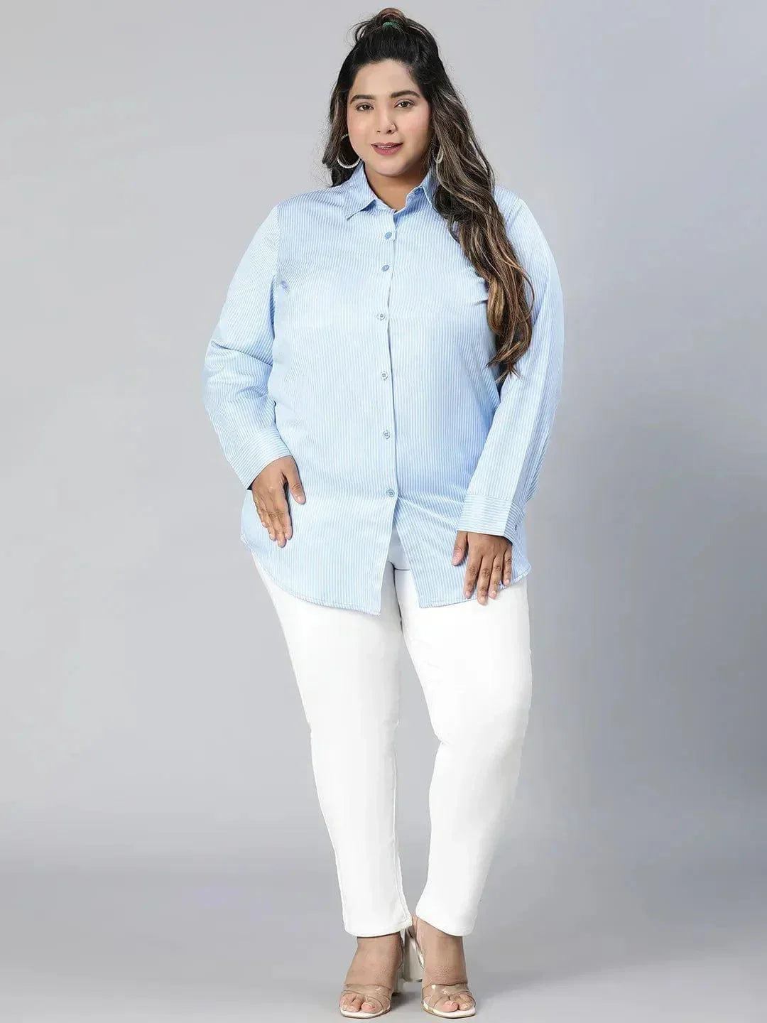 Bossy Blue Stripe Print Plus Size Cotton Blend Shirt - oxolloxo