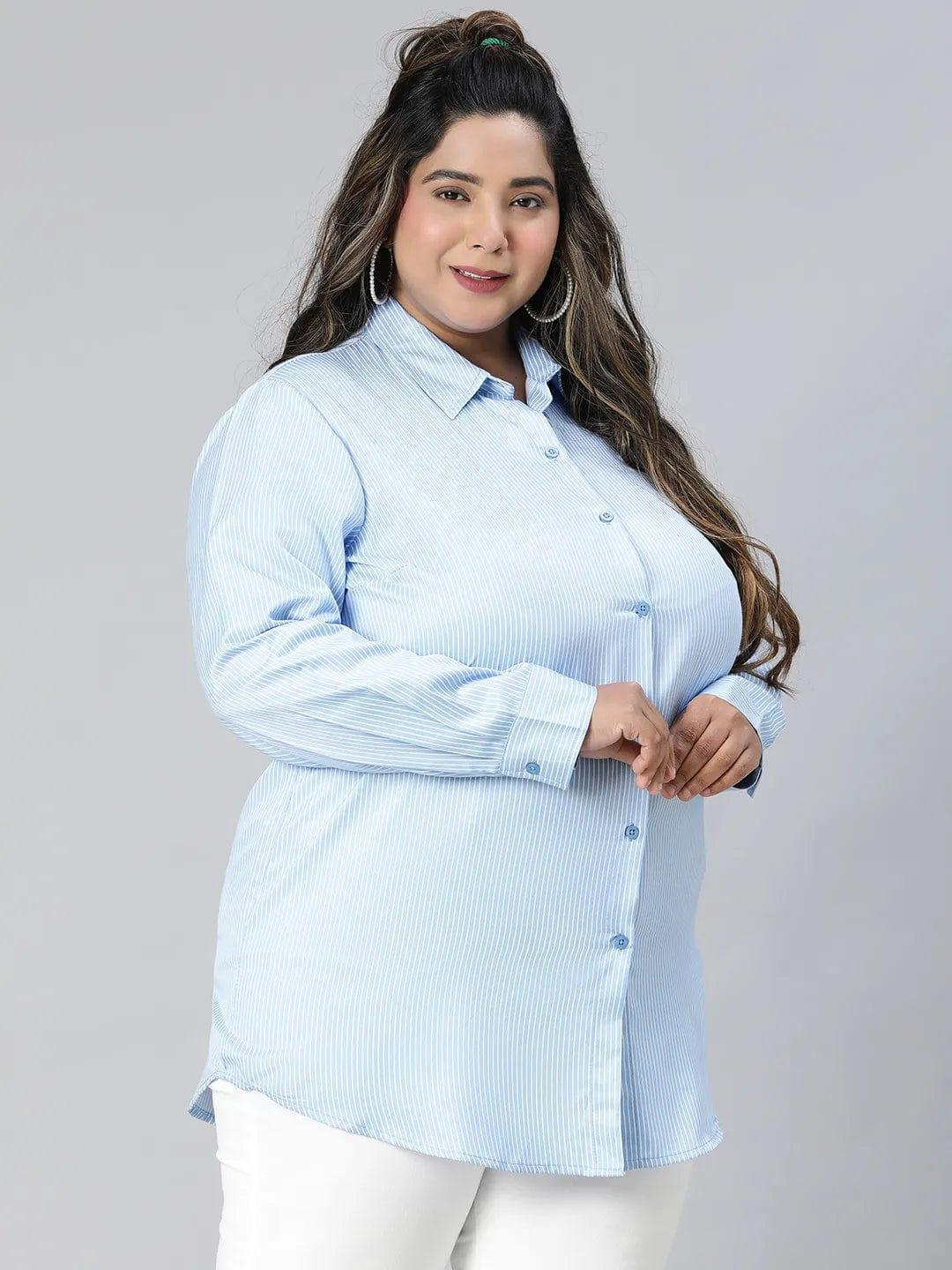 Bossy Blue Stripe Print Plus Size Cotton Blend Shirt - oxolloxo