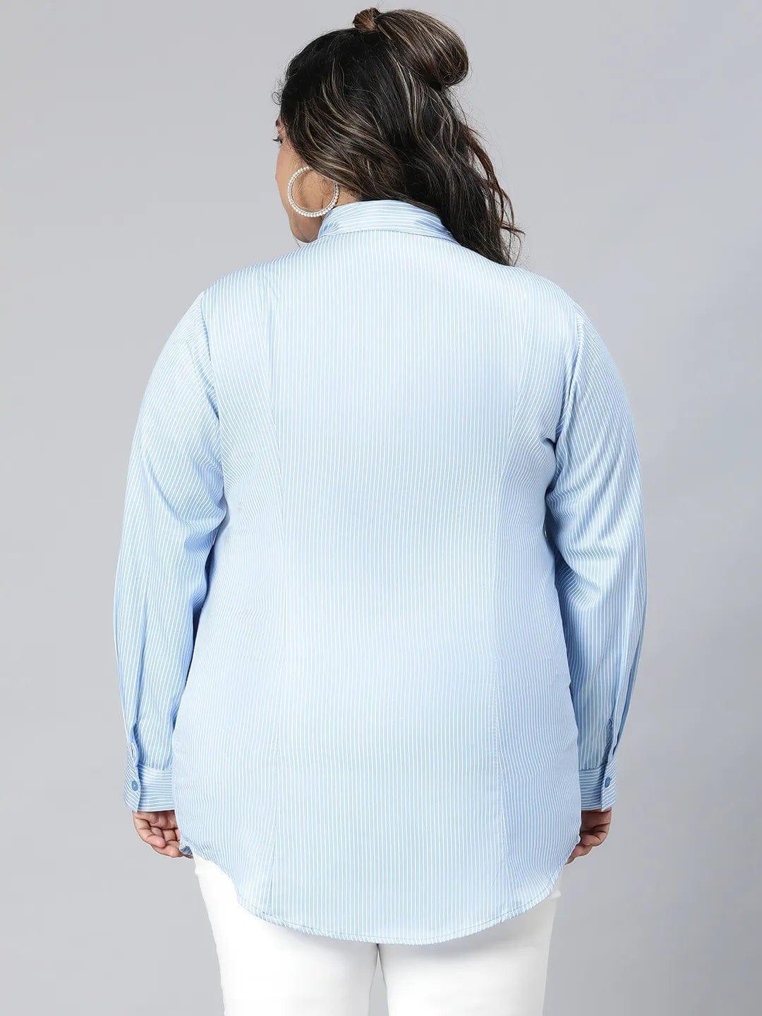 Bossy Blue Stripe Print Plus Size Cotton Blend Shirt - oxolloxo