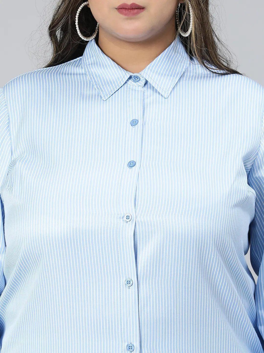 Bossy Blue Stripe Print Plus Size Cotton Blend Shirt - oxolloxo