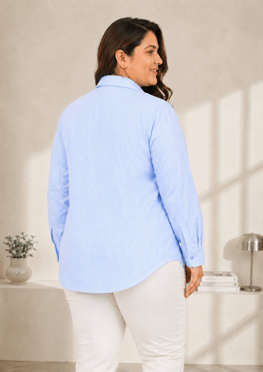 Plus Size Blue Stripe Print Cotton Shirt