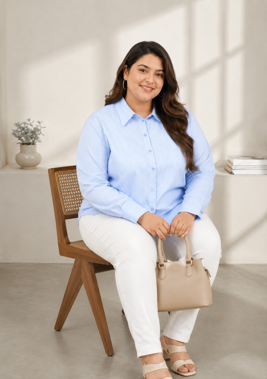 Plus Size Blue Stripe Print Cotton Shirt