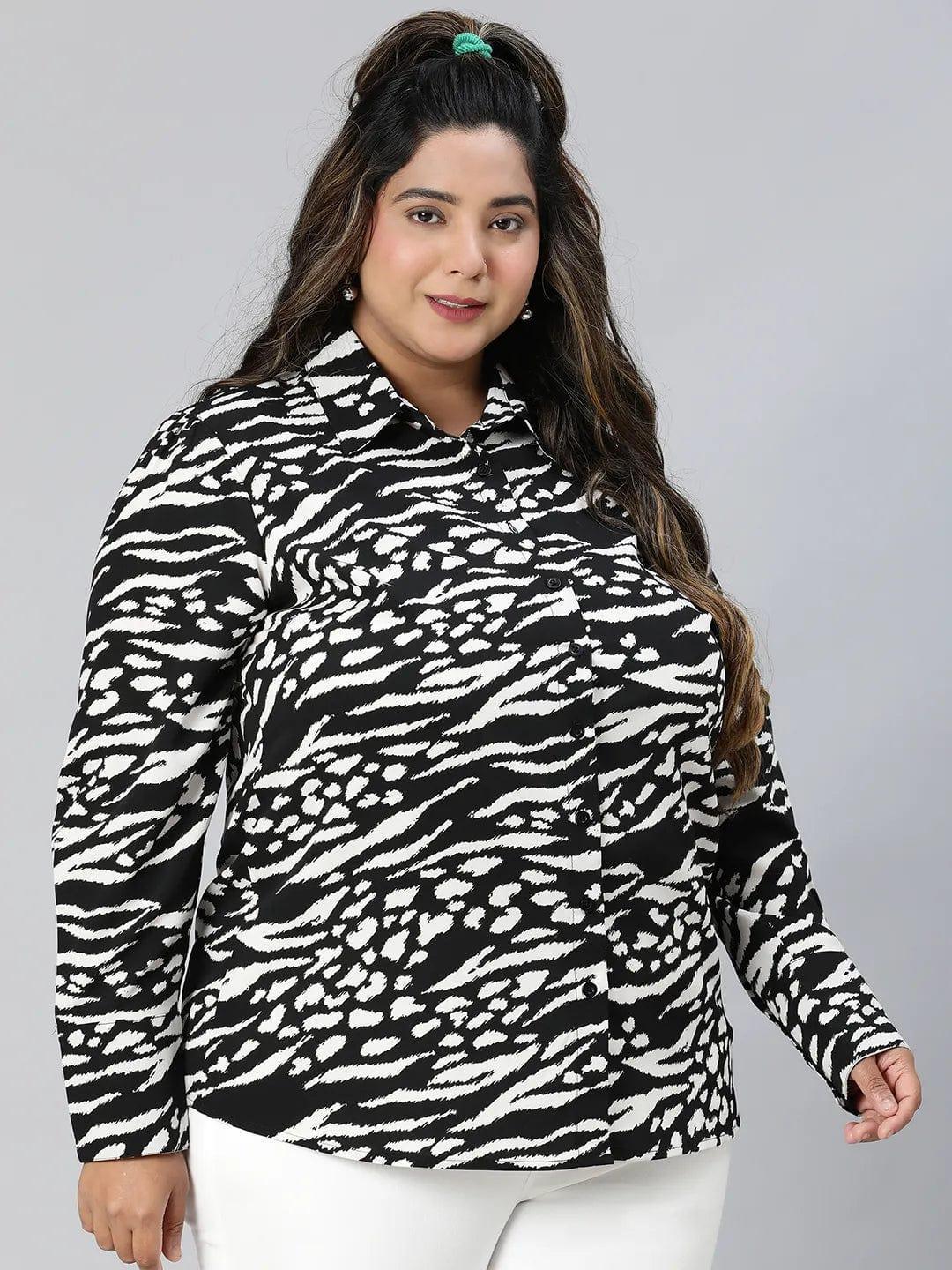 Genze Black Printed Collared Long Sleeve Plus Size Shirt - oxolloxo