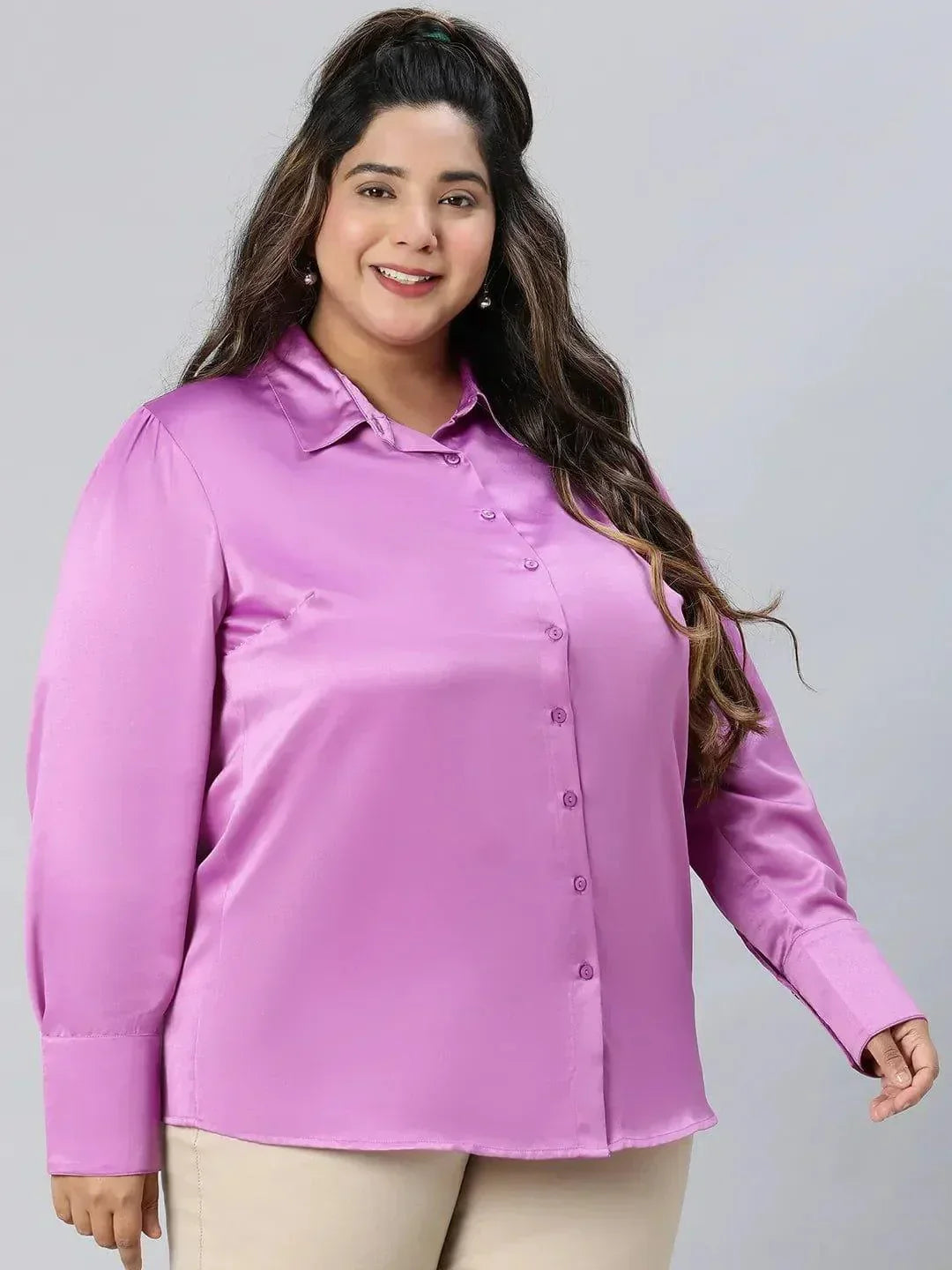 All Purple Collared Long Sleeve Plus Size Shirt - oxolloxo