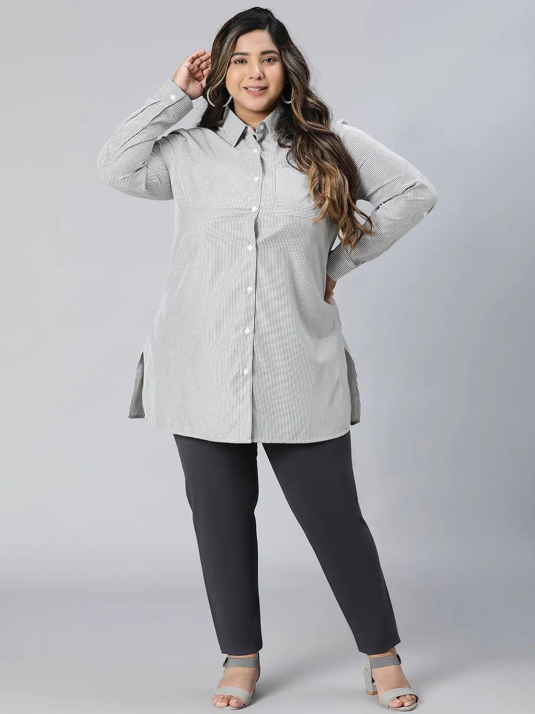 Perfect Black Stripe Print Long Sleeve Plus Size Cotton Shirt - oxolloxo