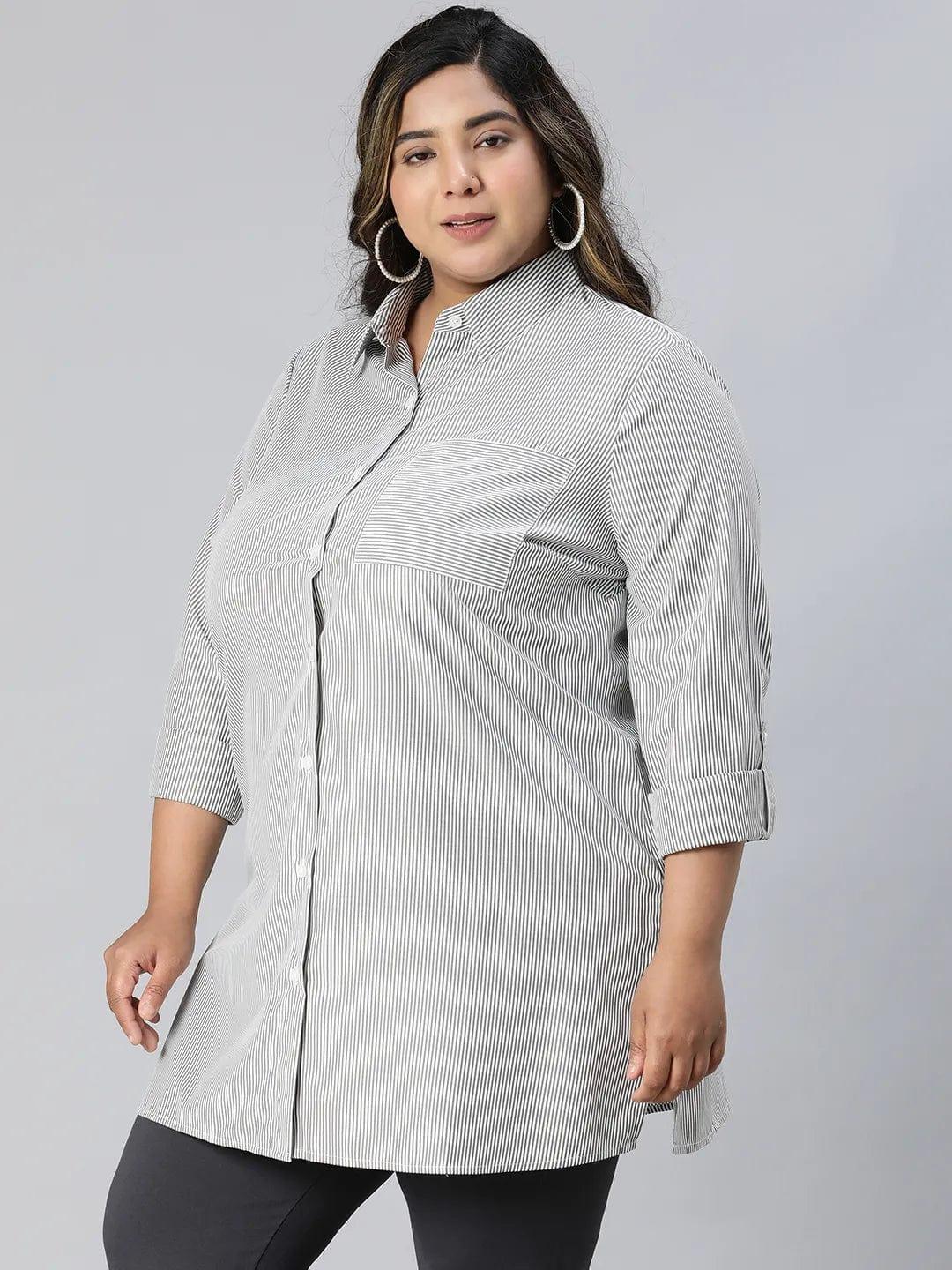 Perfect Black Stripe Print Long Sleeve Plus Size Cotton Shirt - oxolloxo