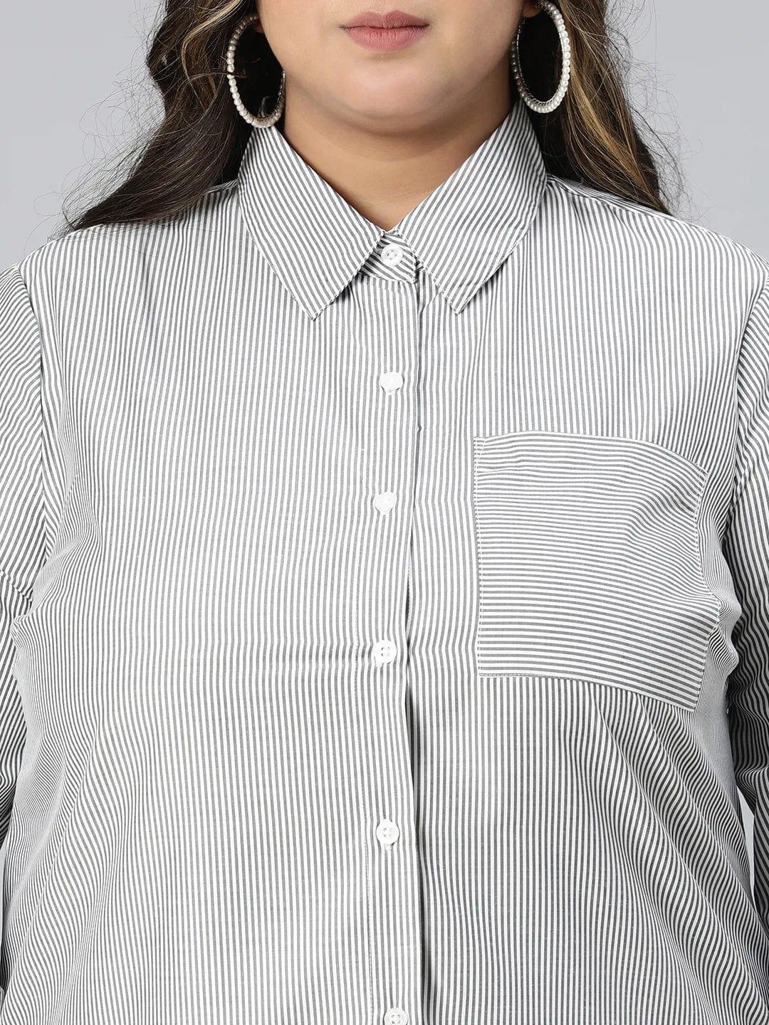 Perfect Black Stripe Print Long Sleeve Plus Size Cotton Shirt - oxolloxo