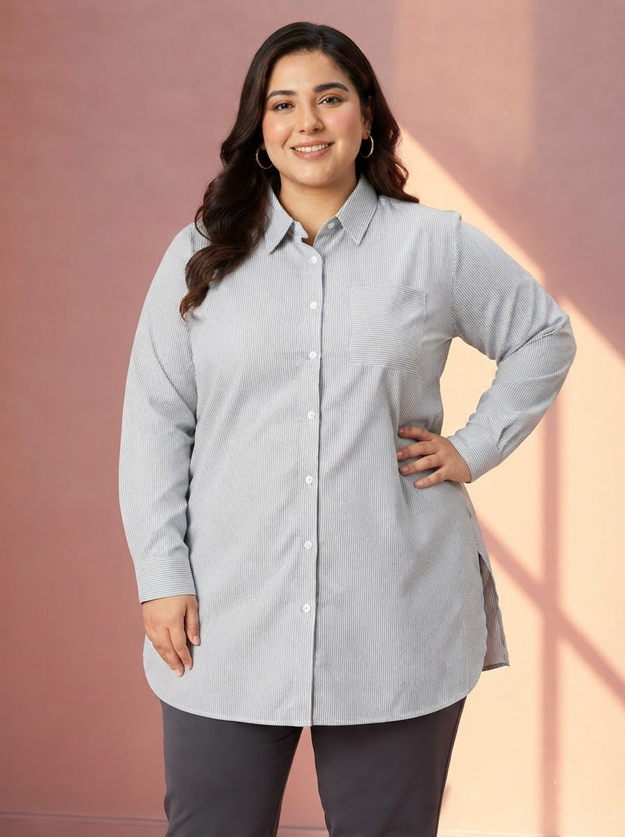 Plus Size Black Stripe Cotton Shirt