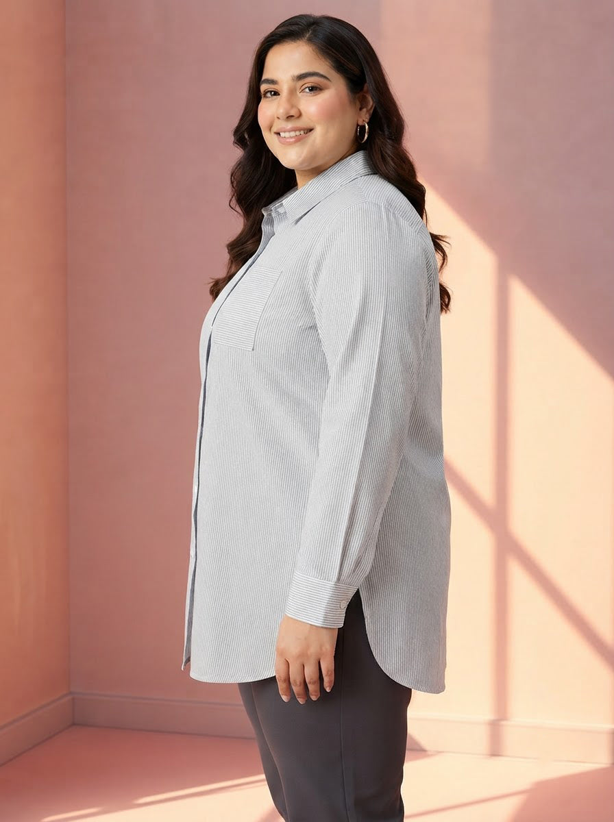 Plus Size Black Stripe Cotton Shirt