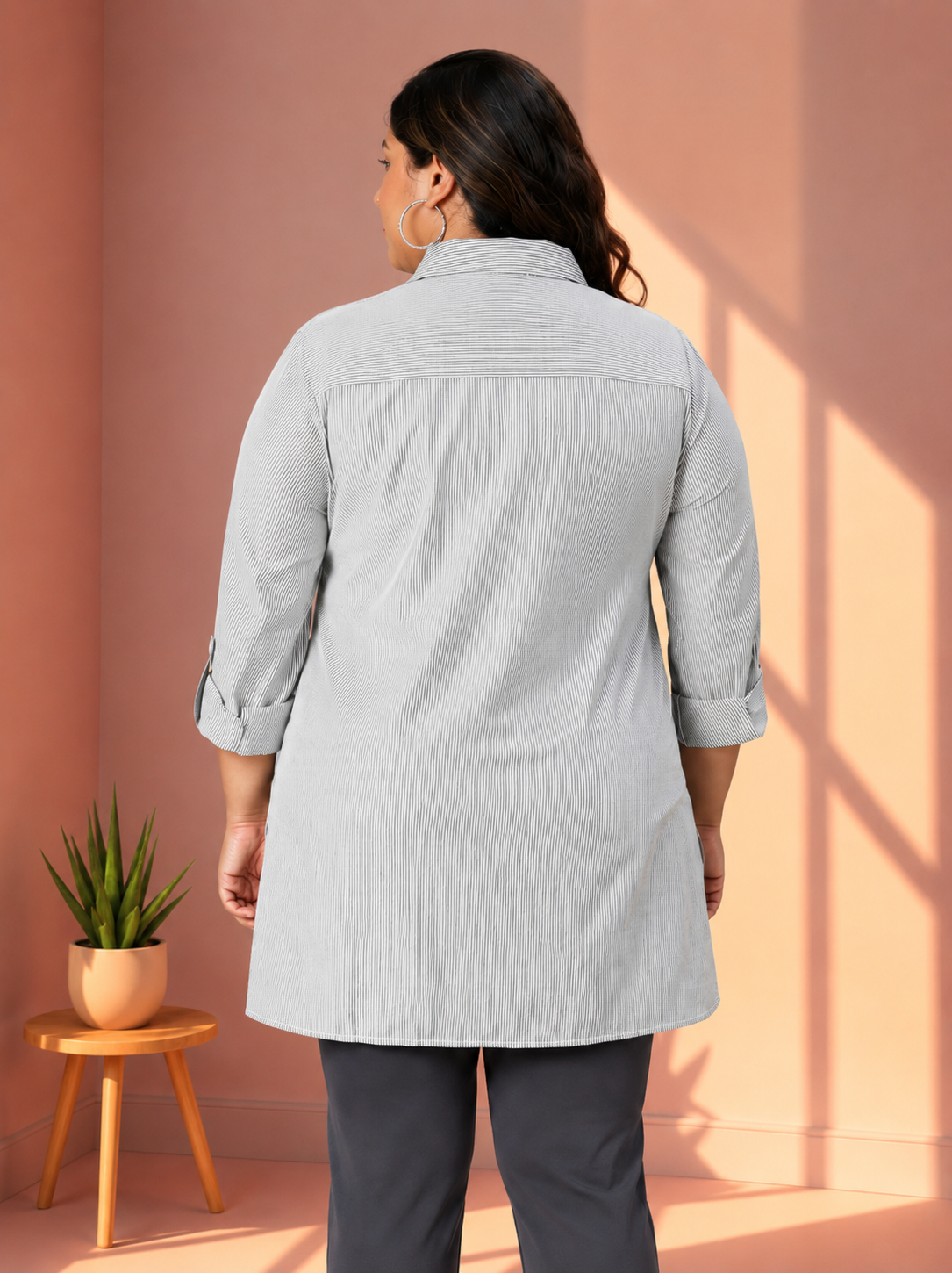 Plus Size Black Stripe Cotton Shirt