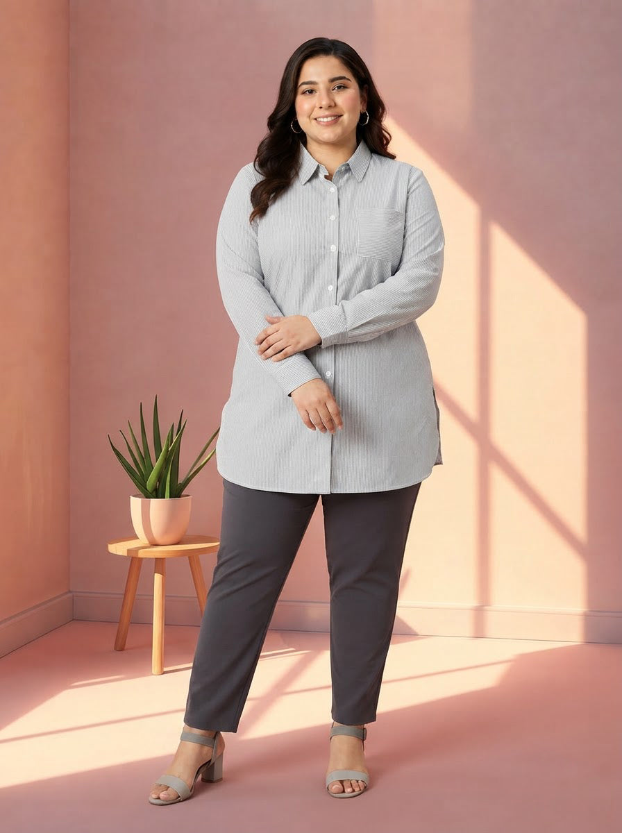 Plus Size Black Stripe Cotton Shirt
