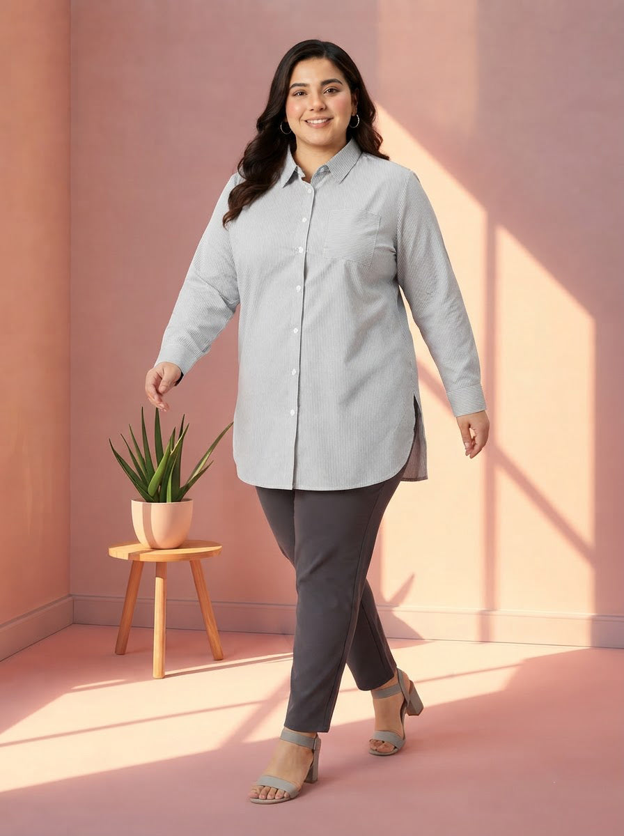 Plus Size Black Stripe Cotton Shirt
