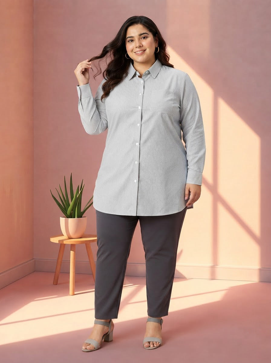 Plus Size Black Stripe Cotton Shirt