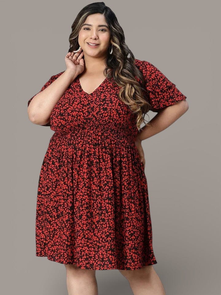 berry-red-floral-print-knee-length-plus-size