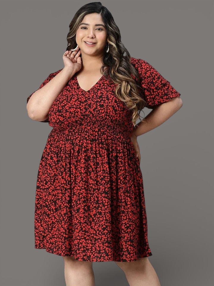 berry-red-floral-print-knee-length-plus-size