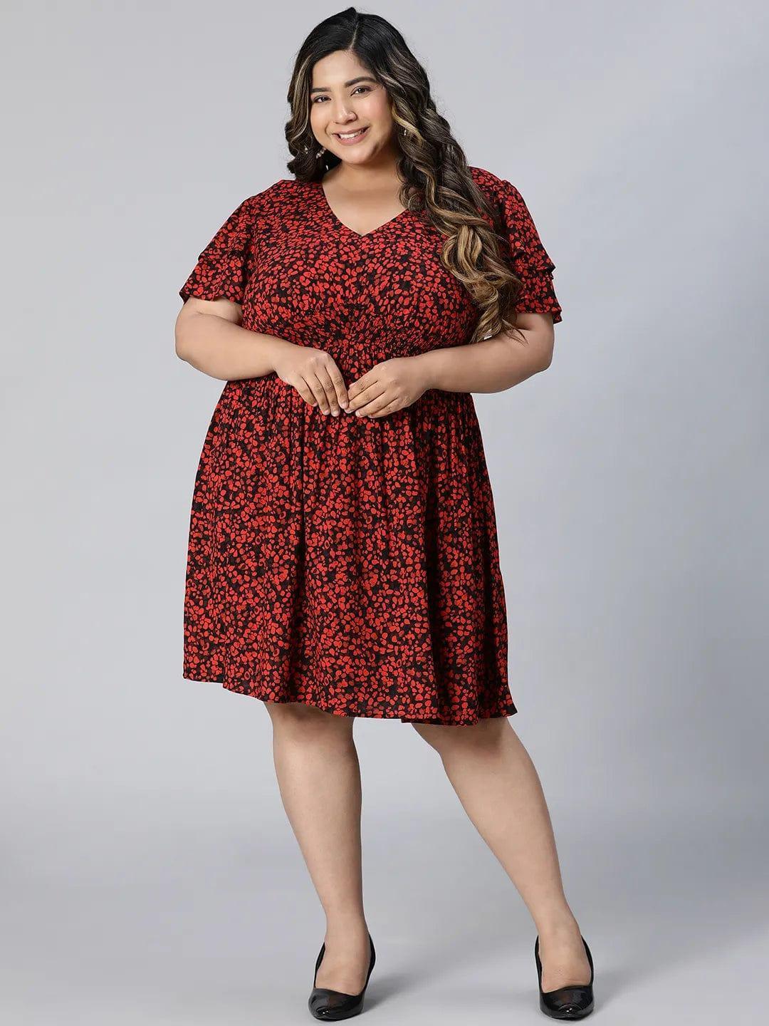 berry-red-floral-print-knee-length-plus-size