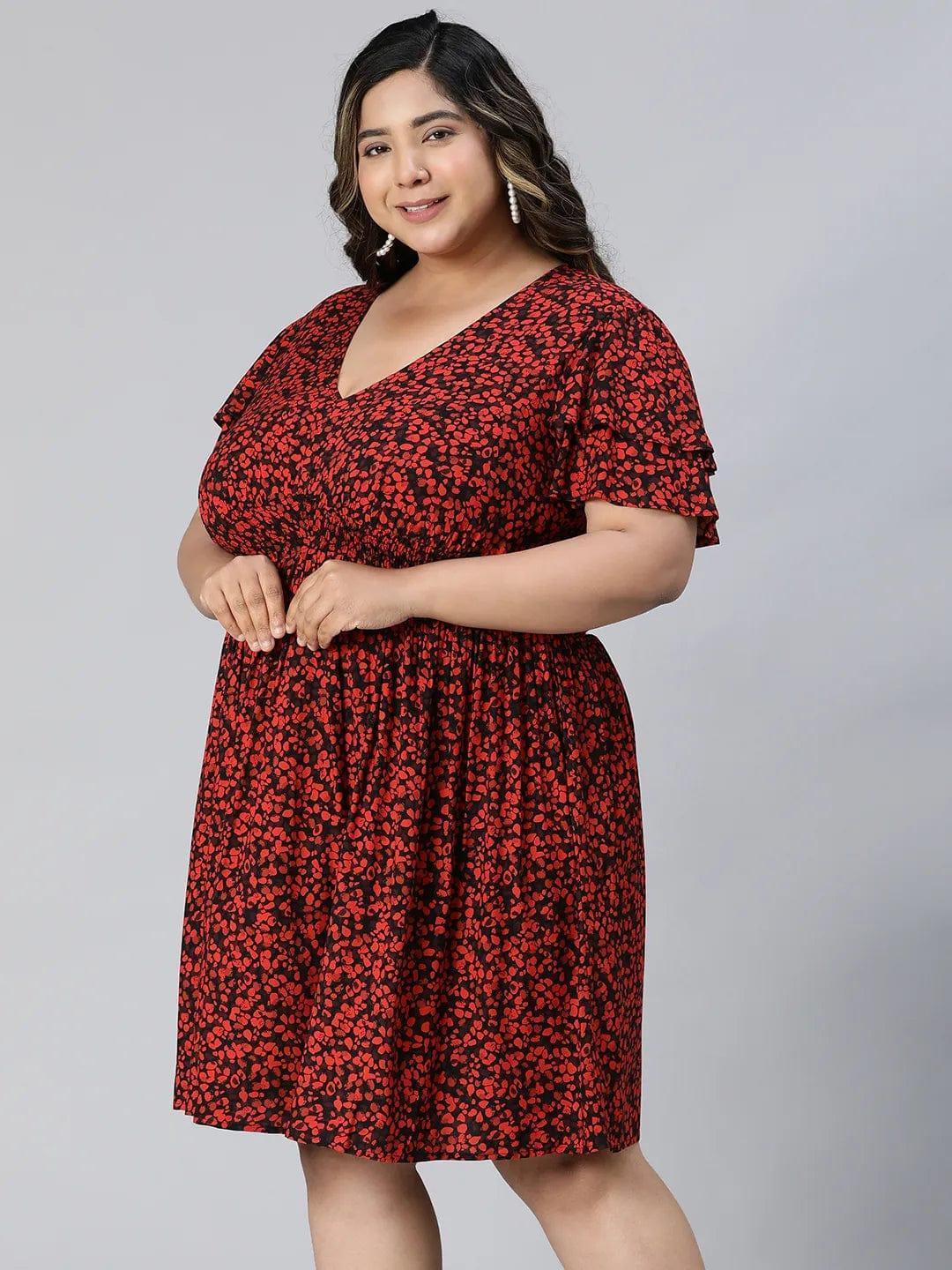 berry-red-floral-print-knee-length-plus-size