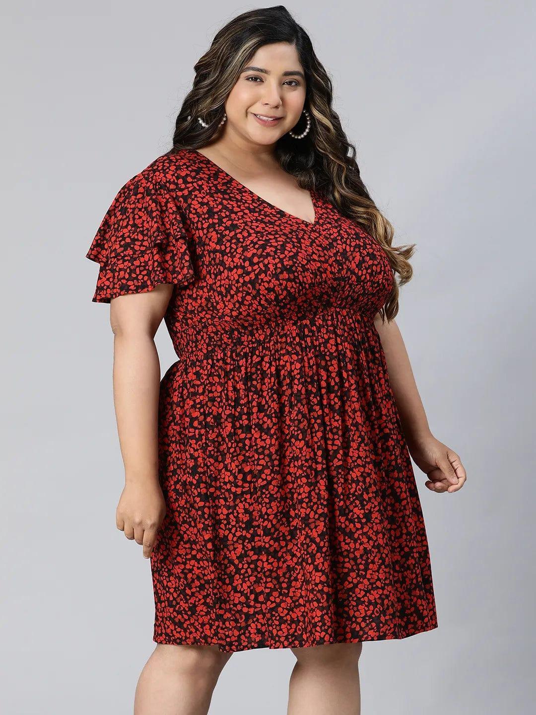 berry-red-floral-print-knee-length-plus-size