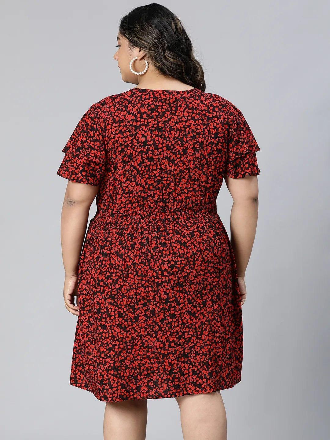 berry-red-floral-print-knee-length-plus-size