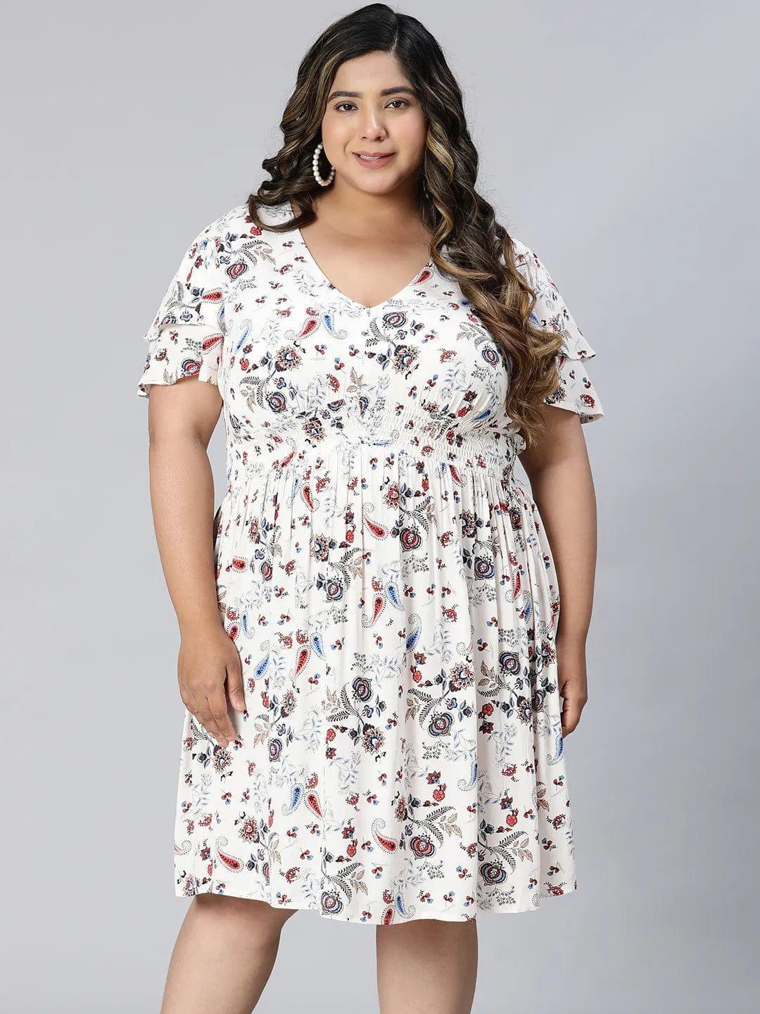 White Floral Print Short Sleeve Knee-Length Plus Size Curvy Dress - oxolloxo