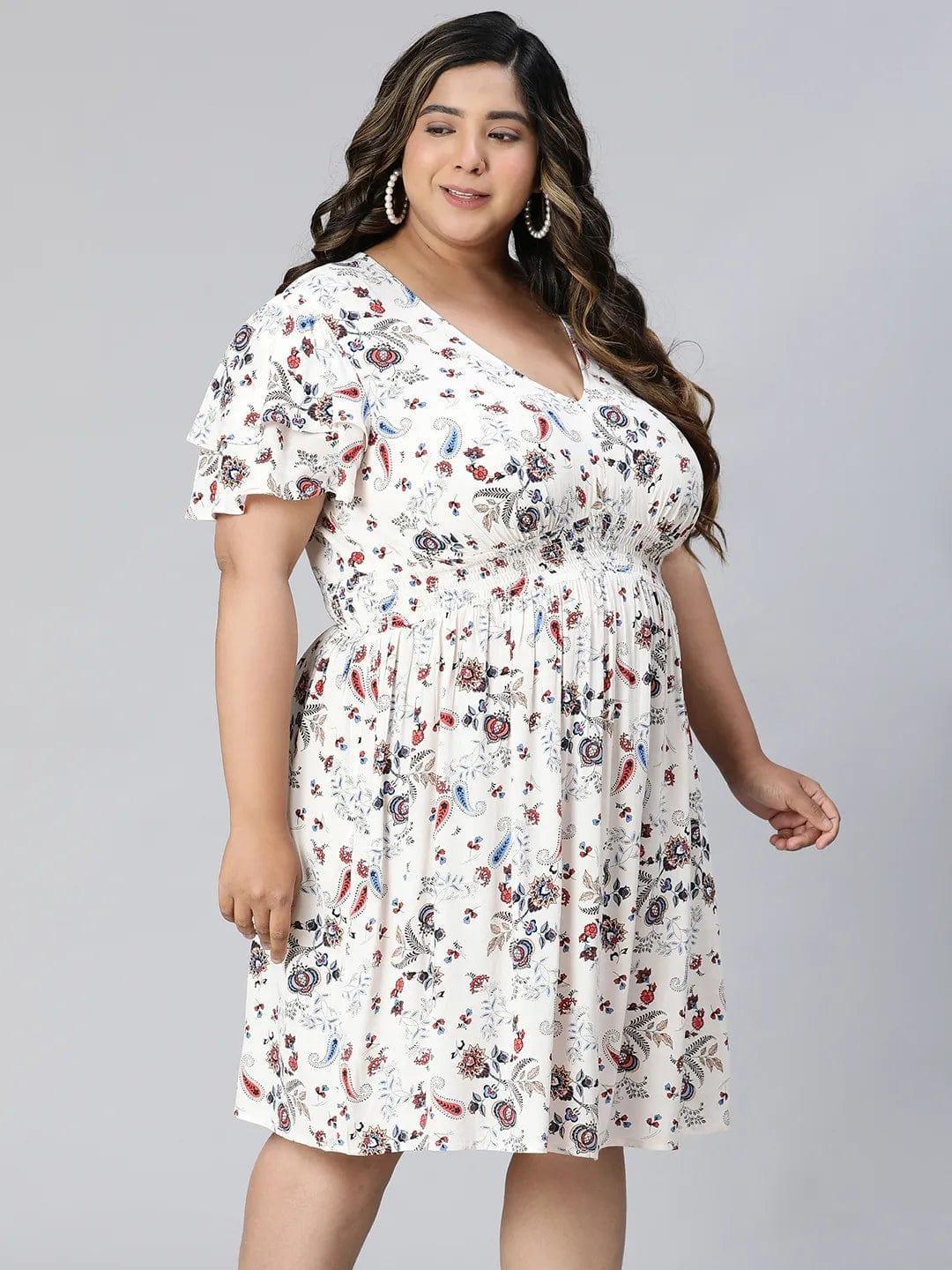 White Floral Print Short Sleeve Knee-Length Plus Size Curvy Dress - oxolloxo