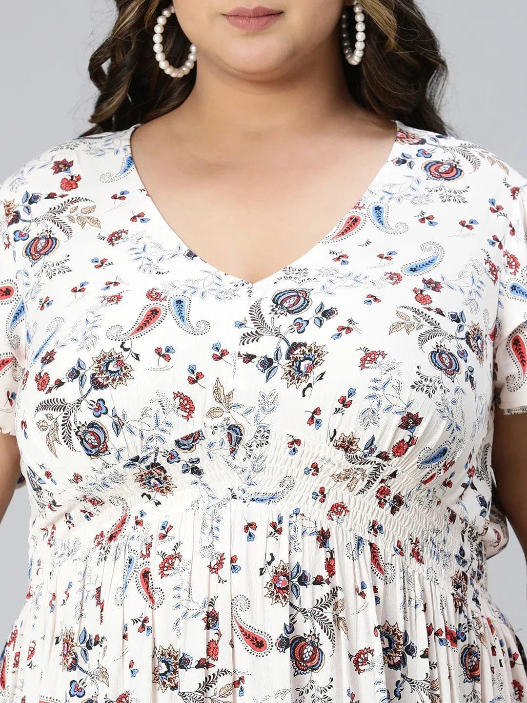 White Floral Print Short Sleeve Knee-Length Plus Size Curvy Dress - oxolloxo