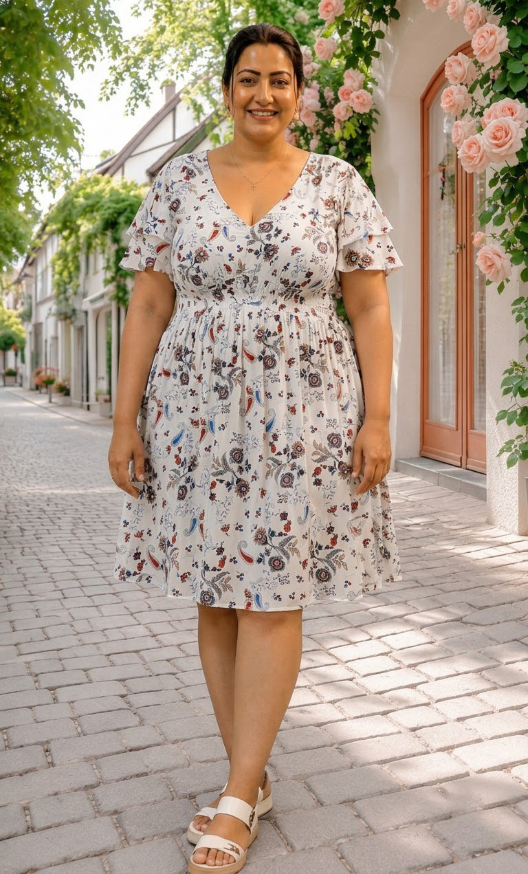 Plus Size White Floral Print Dress