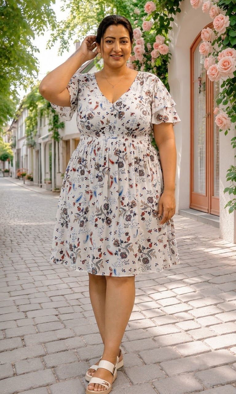 Plus Size White Floral Print Dress