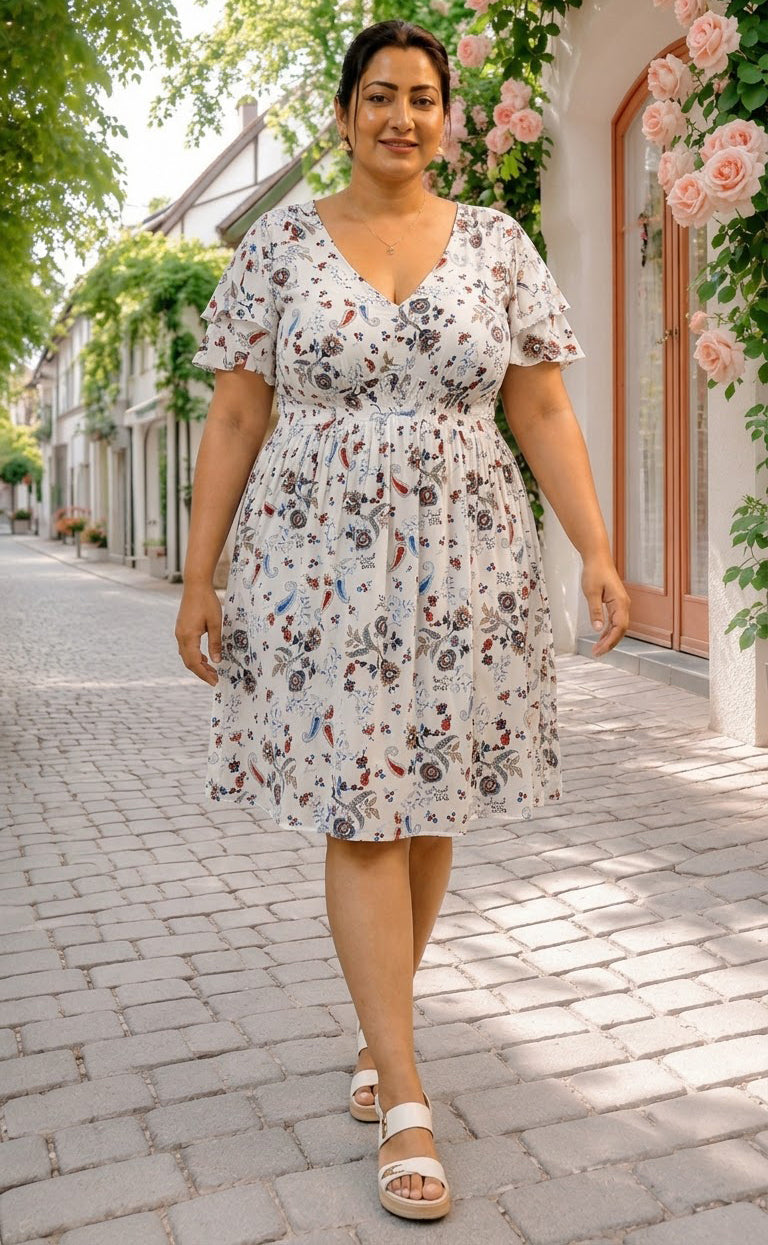 Plus Size White Floral Print Dress