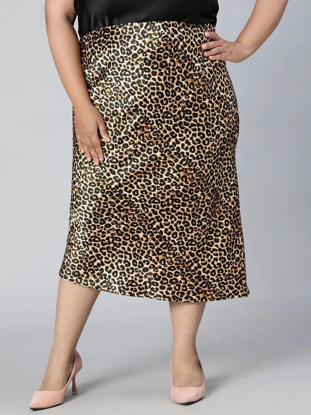 Plus size brown animal print satin maxi skirt