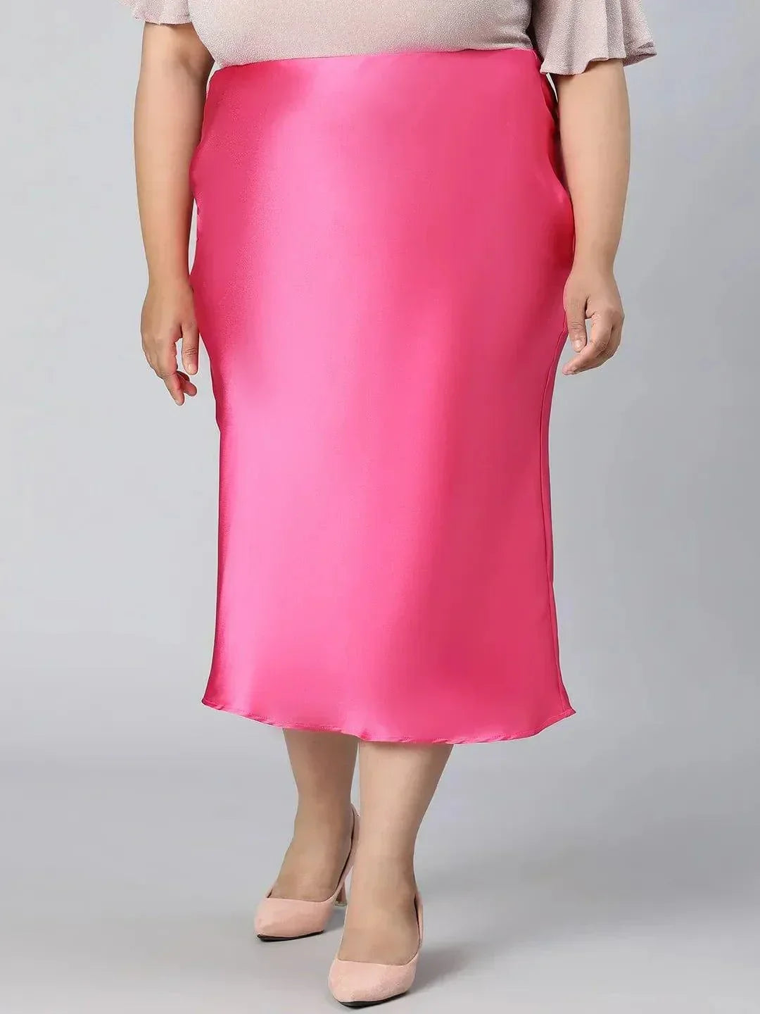 Glimmering Pink Elasticated Plus Size Long Satin Skirt - oxolloxo