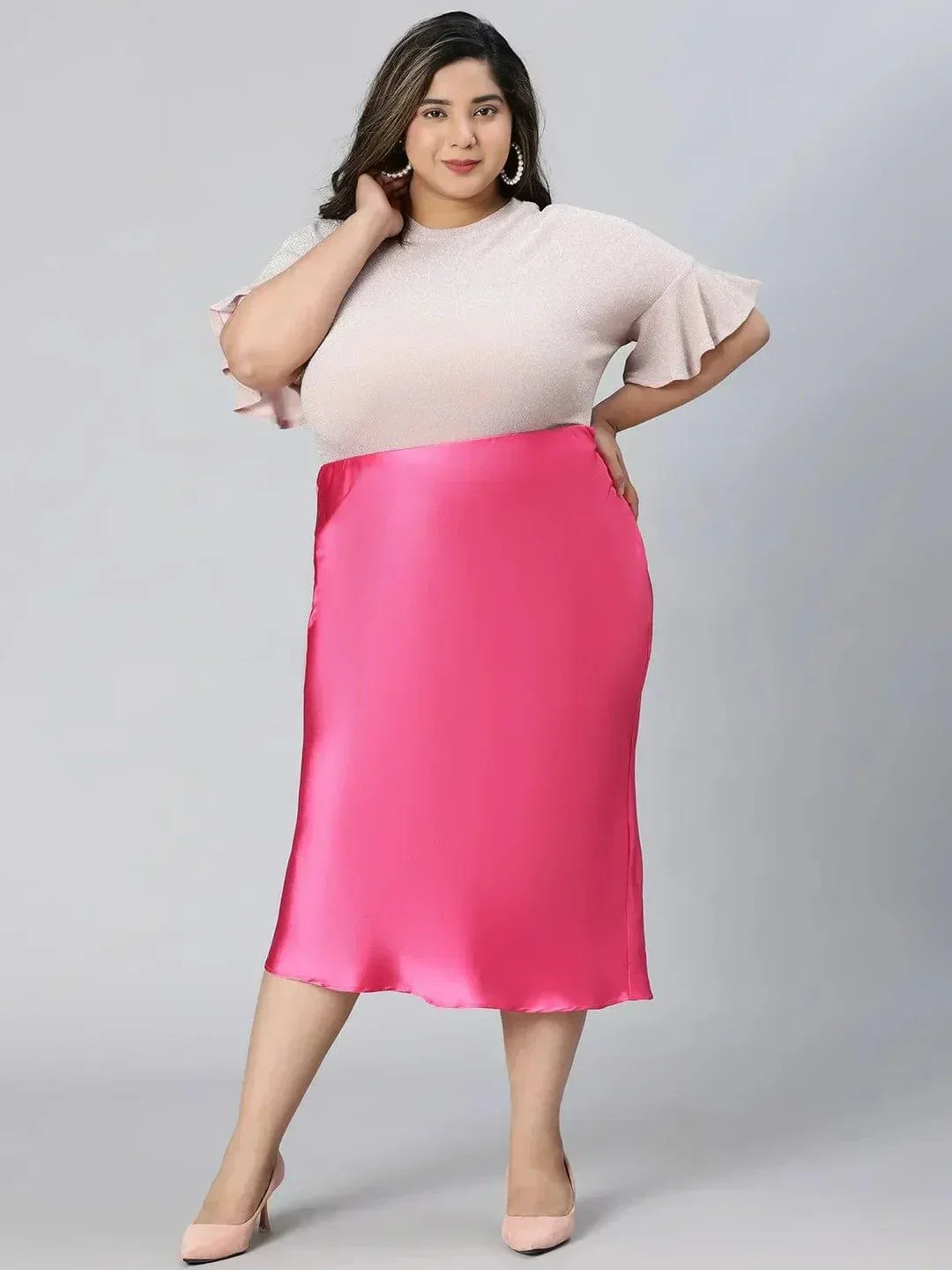 Glimmering Pink Elasticated Plus Size Long Satin Skirt - oxolloxo