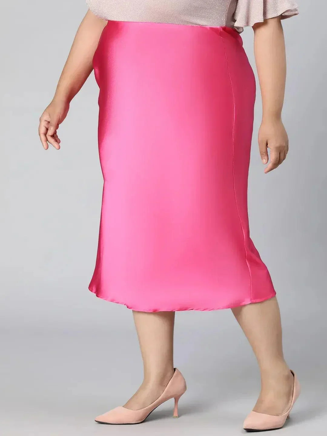 Glimmering Pink Elasticated Plus Size Long Satin Skirt - oxolloxo