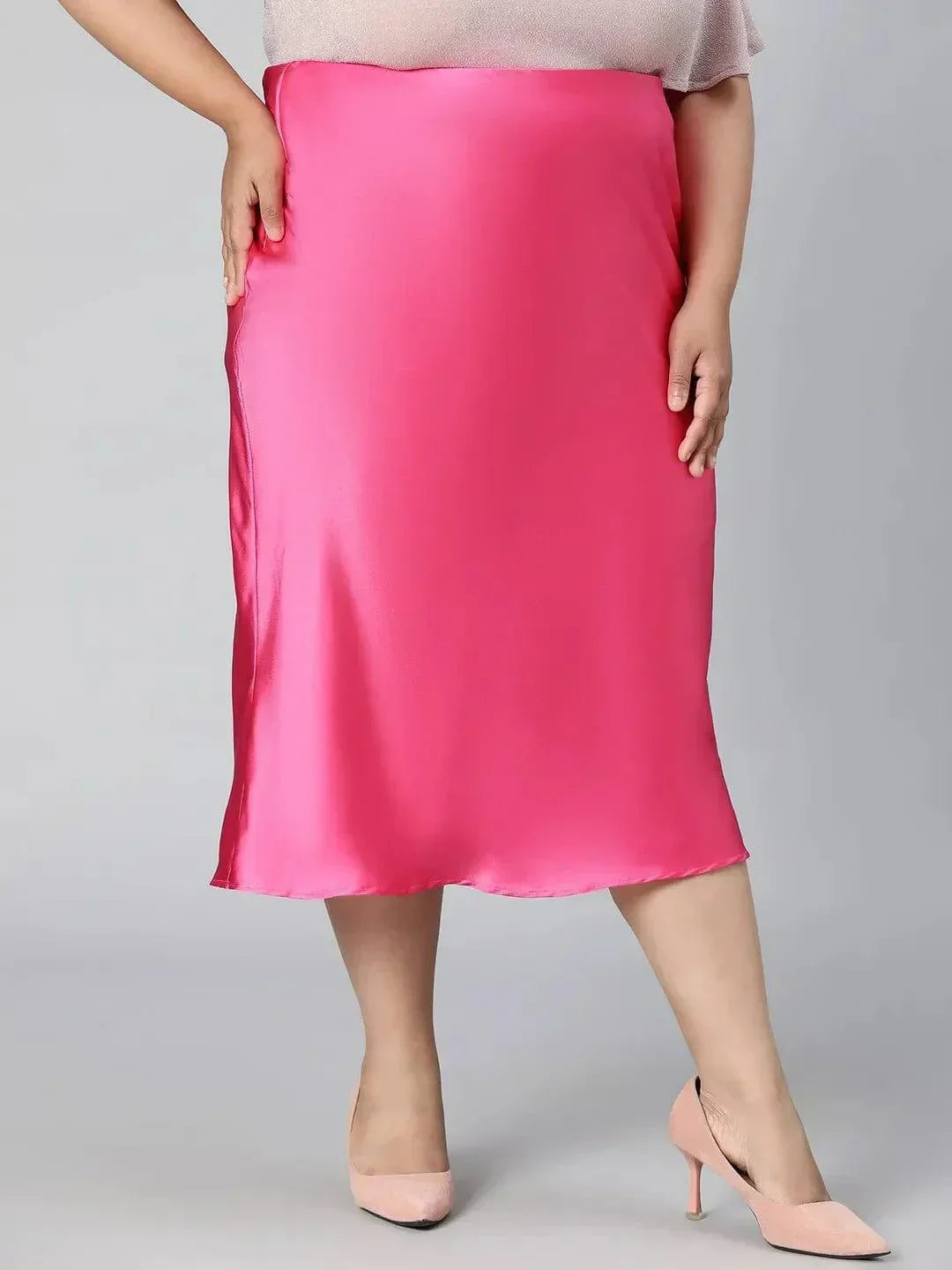 Glimmering Pink Elasticated Plus Size Long Satin Skirt - oxolloxo