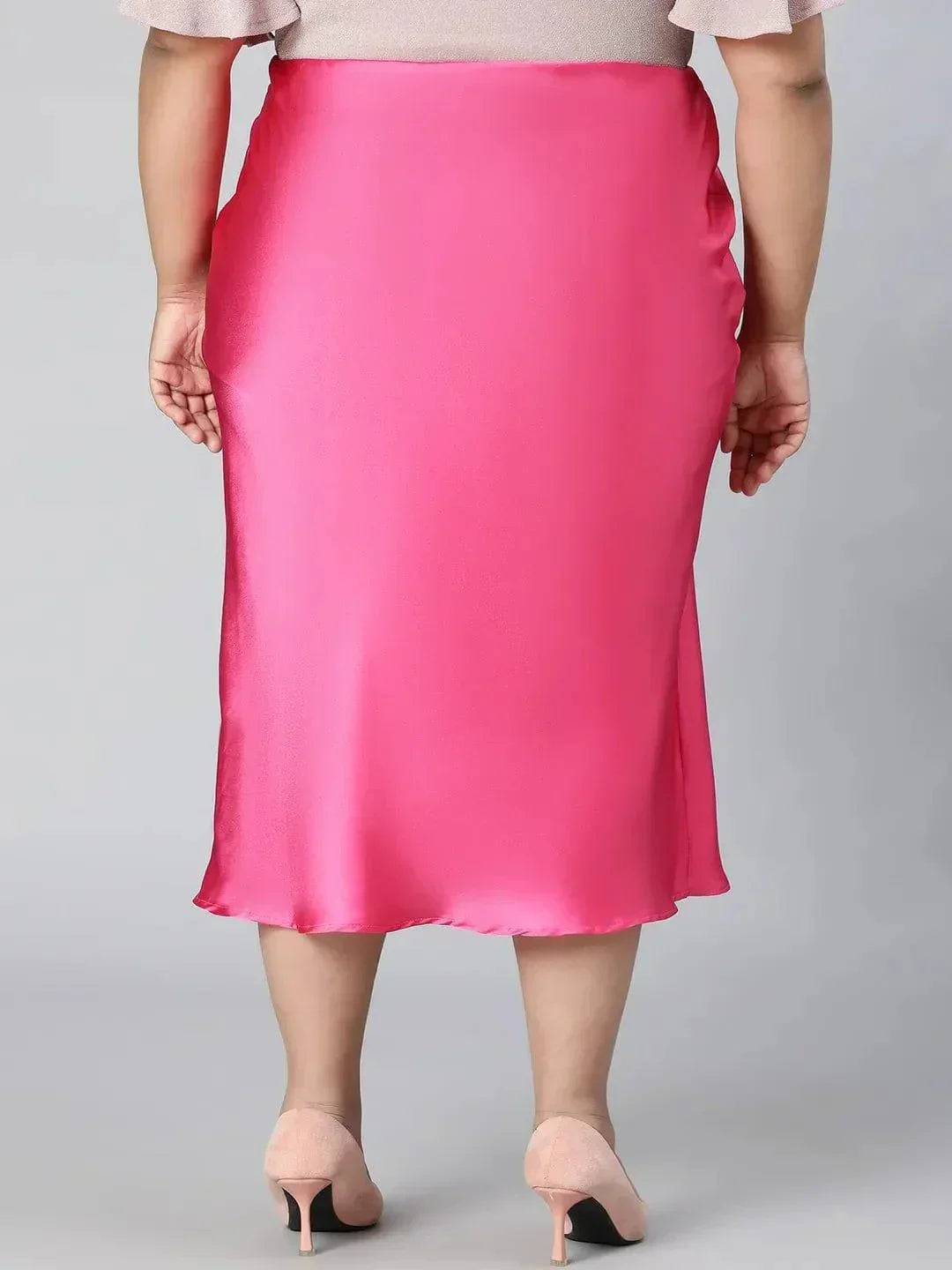 Glimmering Pink Elasticated Plus Size Long Satin Skirt - oxolloxo
