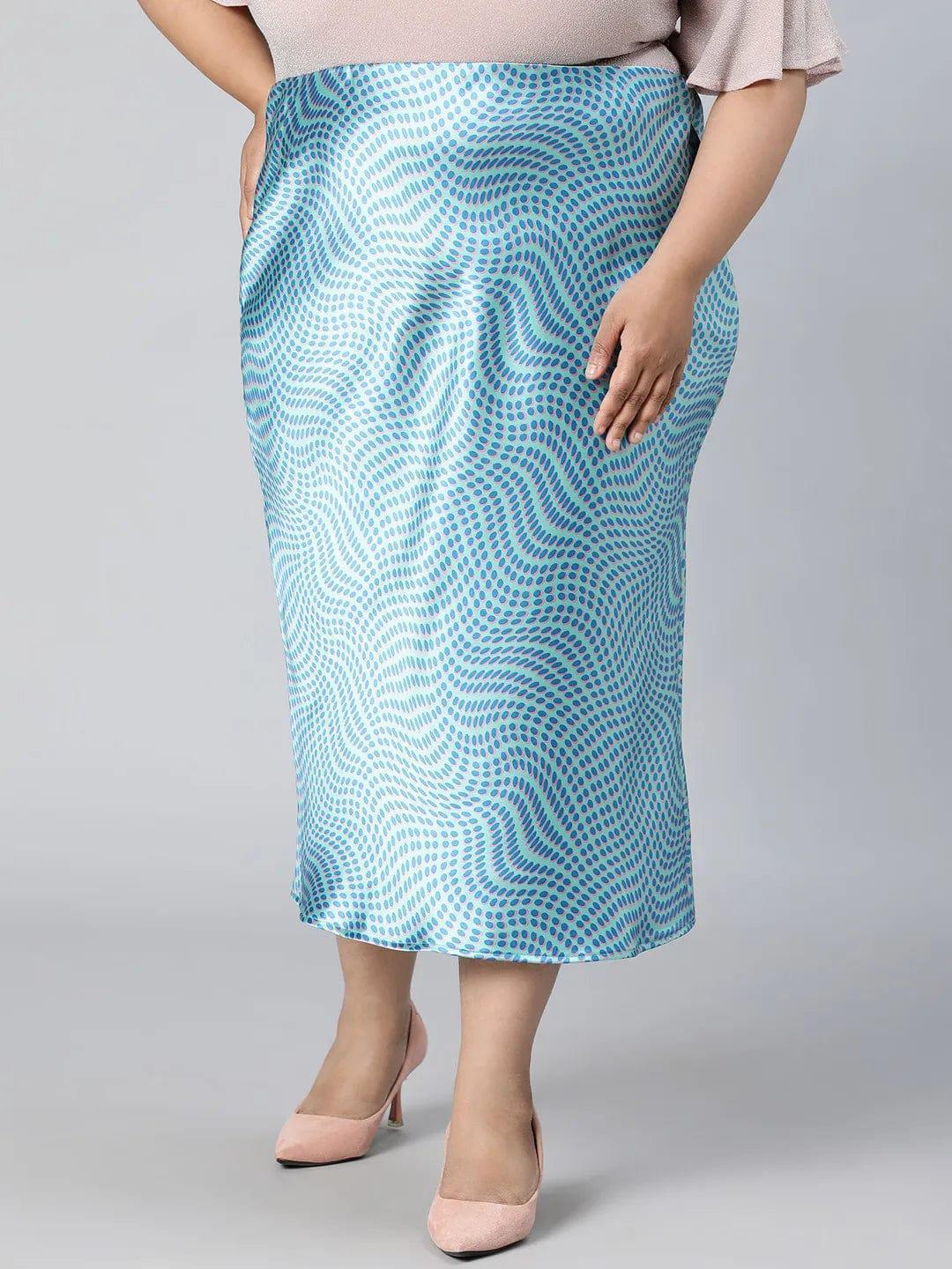 Crisp Blue Printed Elasticated Plus Size Long Satin Skirt - oxolloxo