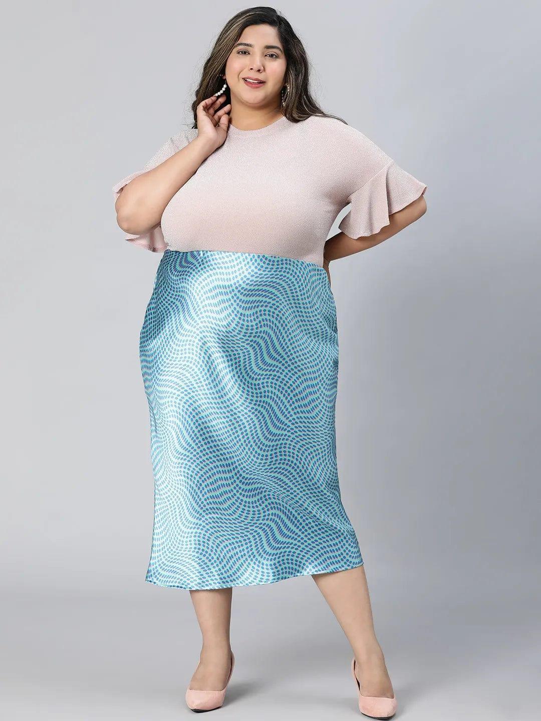 Crisp Blue Printed Elasticated Plus Size Long Satin Skirt - oxolloxo